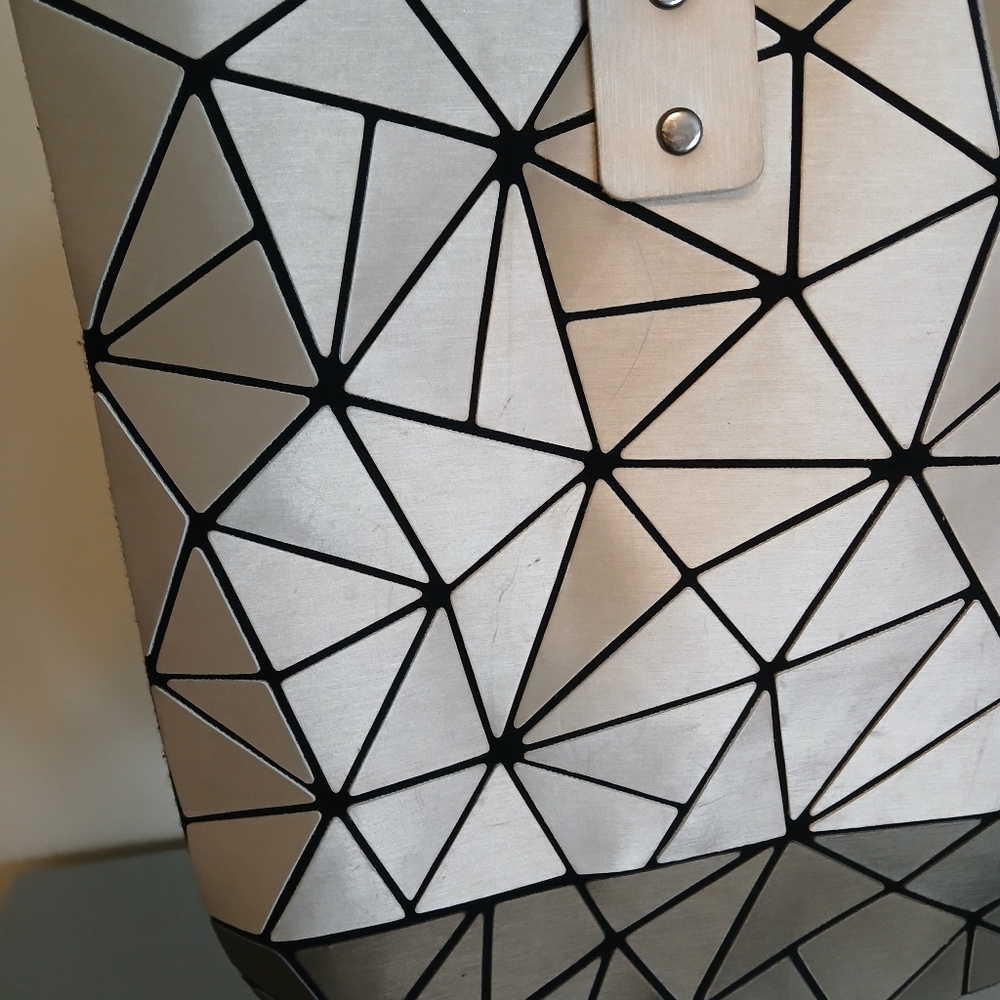 P. Luca Handbag White Gold Vinyl Black Trim Geometric Design Tote Bag Purse - Picture 15 of 17
